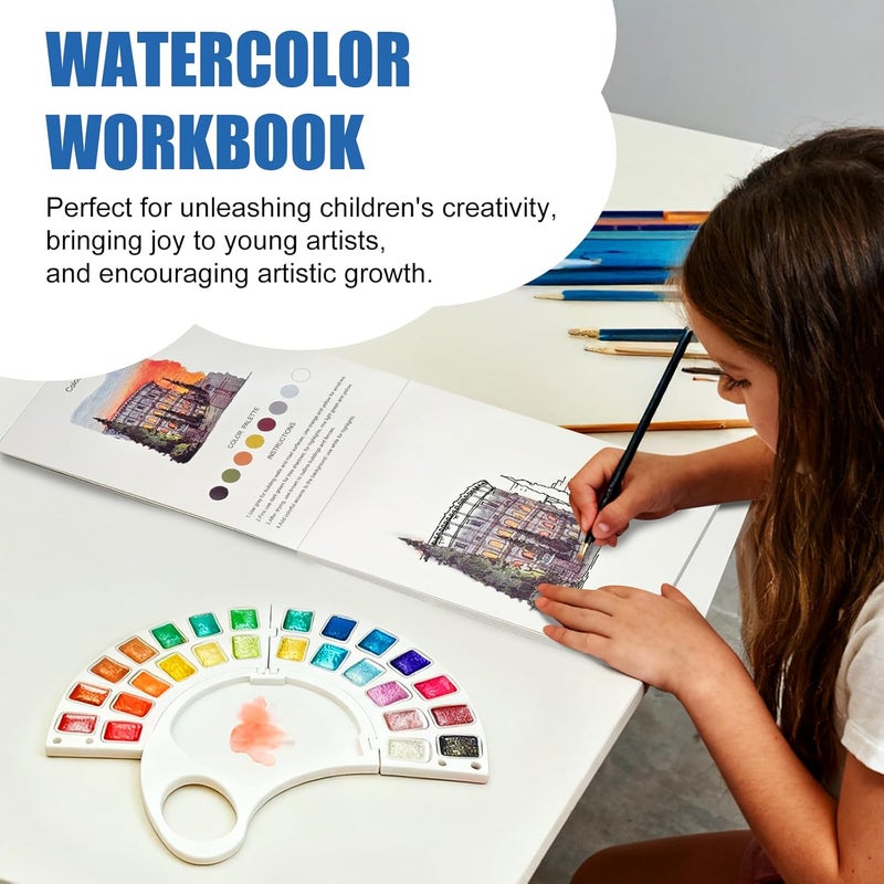 DPDPPL Watercolor Workbook & Water Coloring Book, 13 Pages 300GSM Paper, 26-Color Watercolor Paint Set with Brush & Storage Bag, Beginner-Friendly Coloring Book for Adults — Scenic Architecture Theme - Image 2